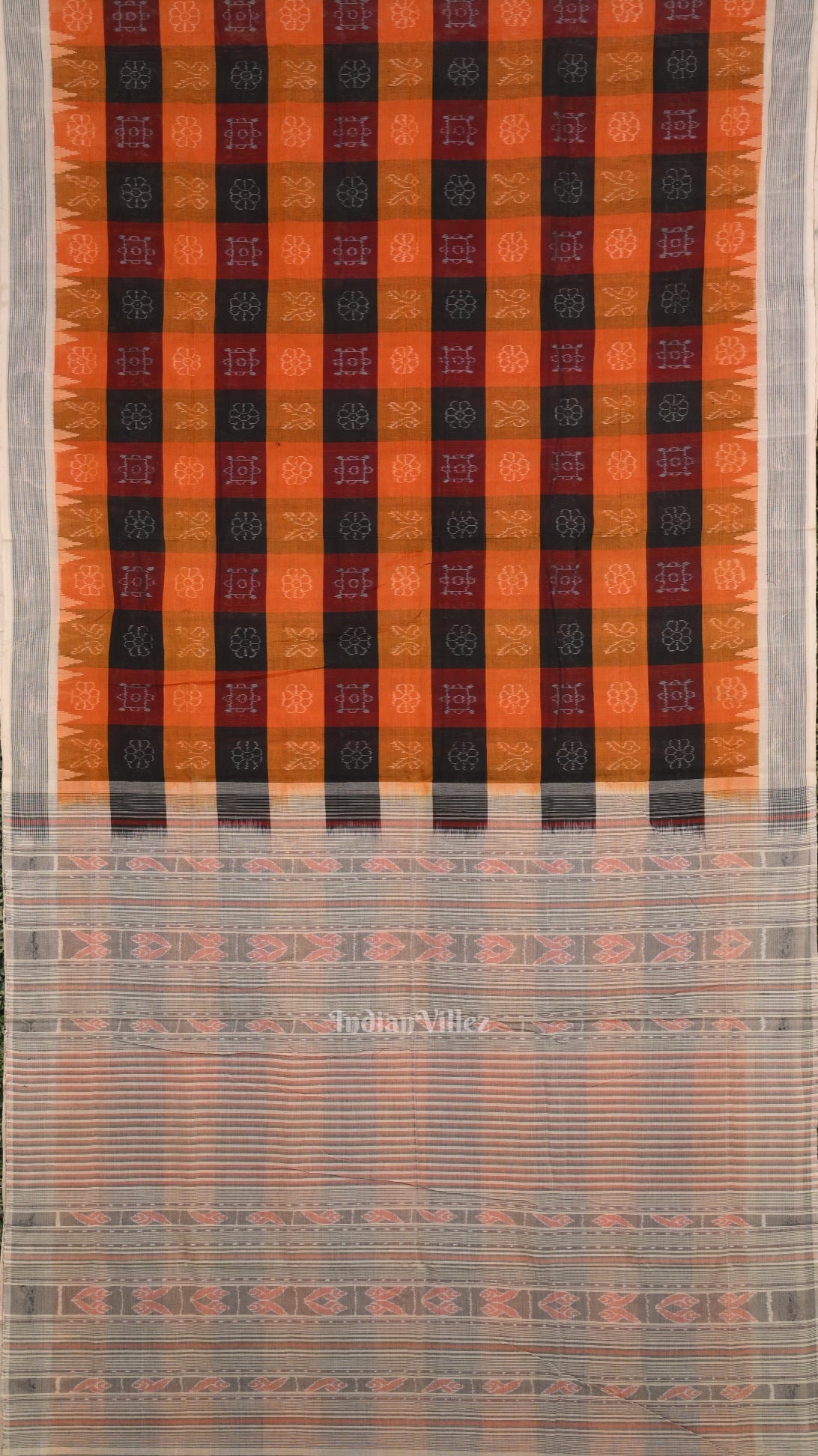 Orange Black Pure Sambalpuri Cotton Saree