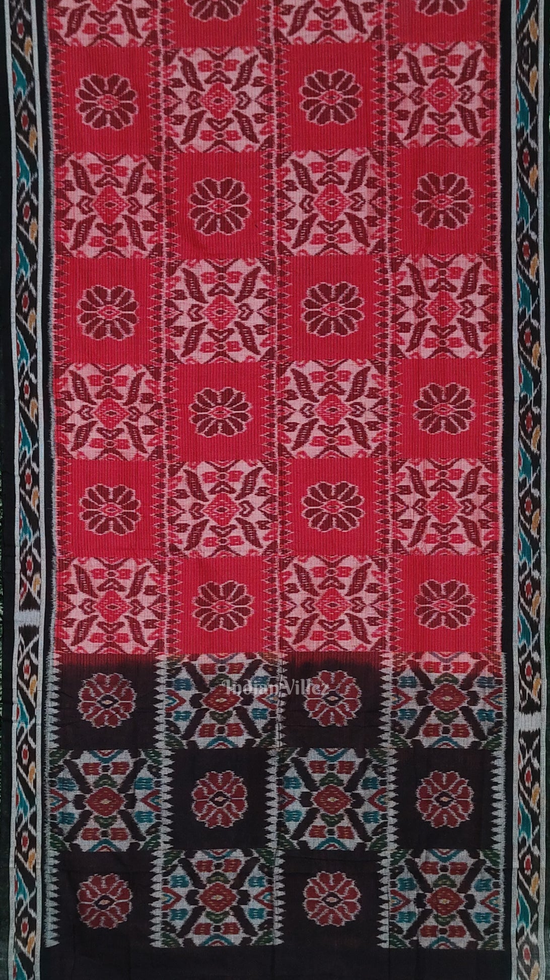Red Black Odisha Ikat Maniabandha Cotton Saree