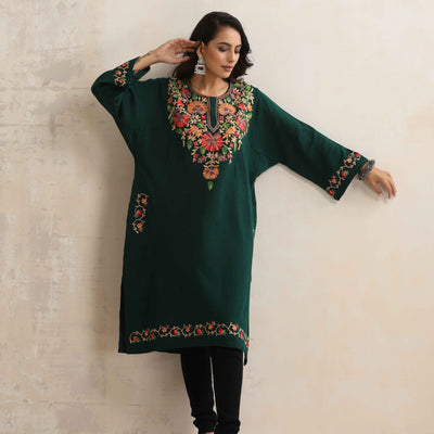 trueBrowns Green Kashmiri Embroidered Woollen Phiran Kurta