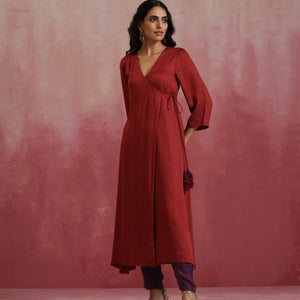 trueBrowns Maroon Modal Angrakha Kurta Set