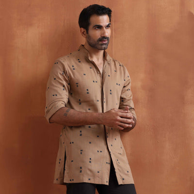 trueBrowns Men's Brown Printed Short Kurta