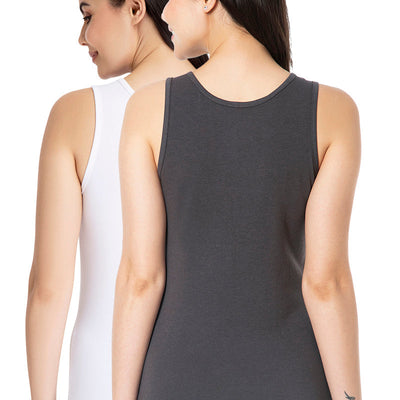 Broad Strapped Body Hugging Cotton Tank Top (Pack of 2) - Pinstripe Grey - White