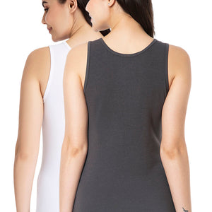 Broad Strapped Body Hugging Cotton Tank Top (Pack of 2) - Pinstripe Grey - White