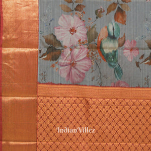 Grey Pink Floral Digital Print Kanjivaram Silk Saree