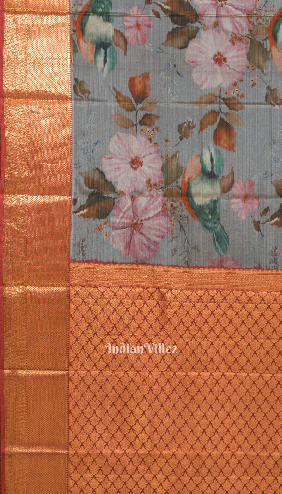 Grey Pink Floral Digital Print Kanjivaram Silk Saree