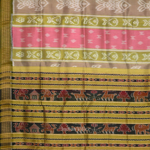 Pink Olive Green Fish Motif Odisha Ikat Khandua Silk Saree
