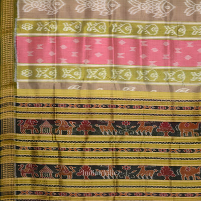 Pink Olive Green Fish Motif Odisha Ikat Khandua Silk Saree