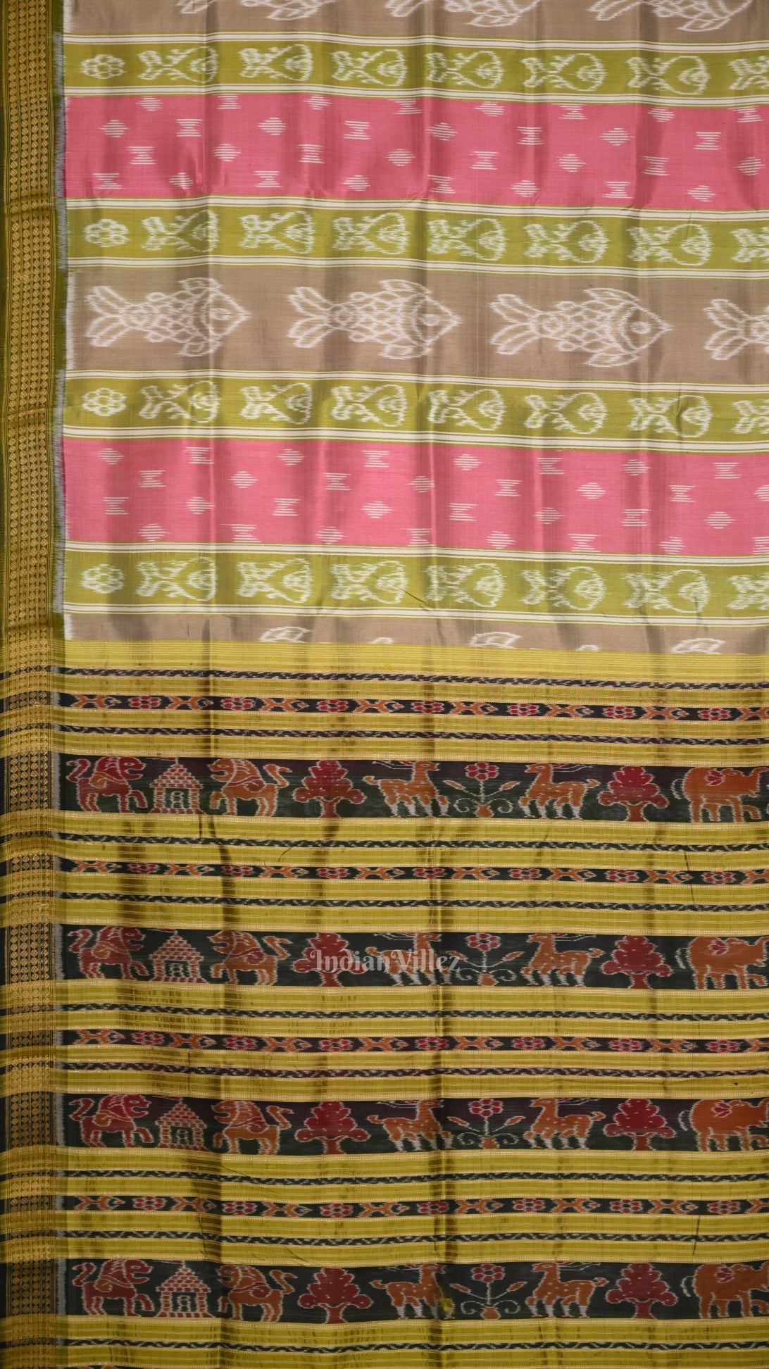Pink Olive Green Fish Motif Odisha Ikat Khandua Silk Saree