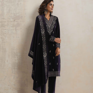 trueBrowns Purple Velvet Embroidered Kurta Pant Dupatta Set