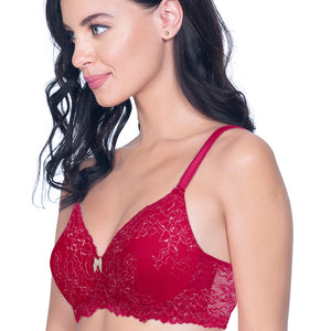 Lace Delight Padded Non-wired Lace Bra - Red Obsession