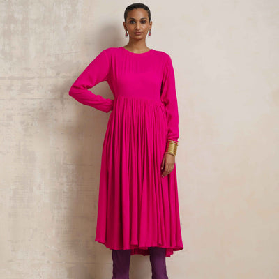 trueBrowns Pink Crinkle Anarkali Kurta Pant Dupatta Set
