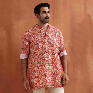trueBrowns Men's Beige Printed Short Kurta