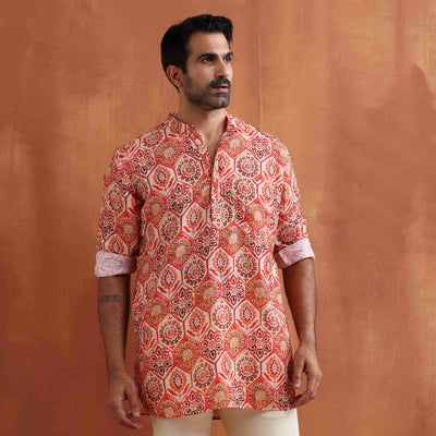 trueBrowns Men's Beige Printed Short Kurta