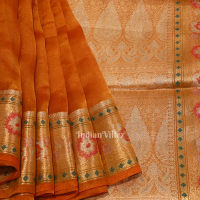 Deep Orange Zari Woven Exclusive Kora  Organza Banarasi Tissue Saree