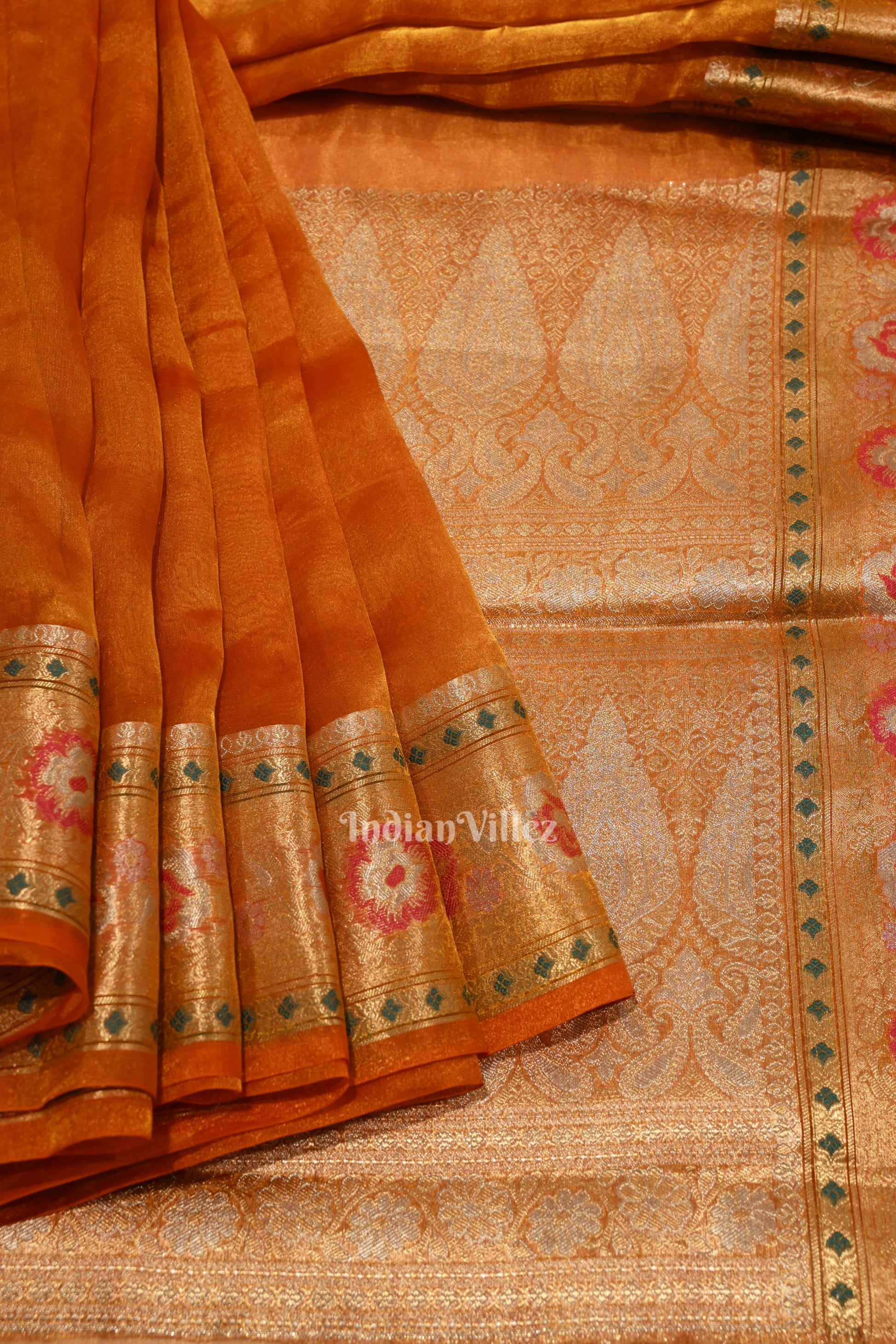 Deep Orange Zari Woven Exclusive Kora  Organza Banarasi Tissue Saree
