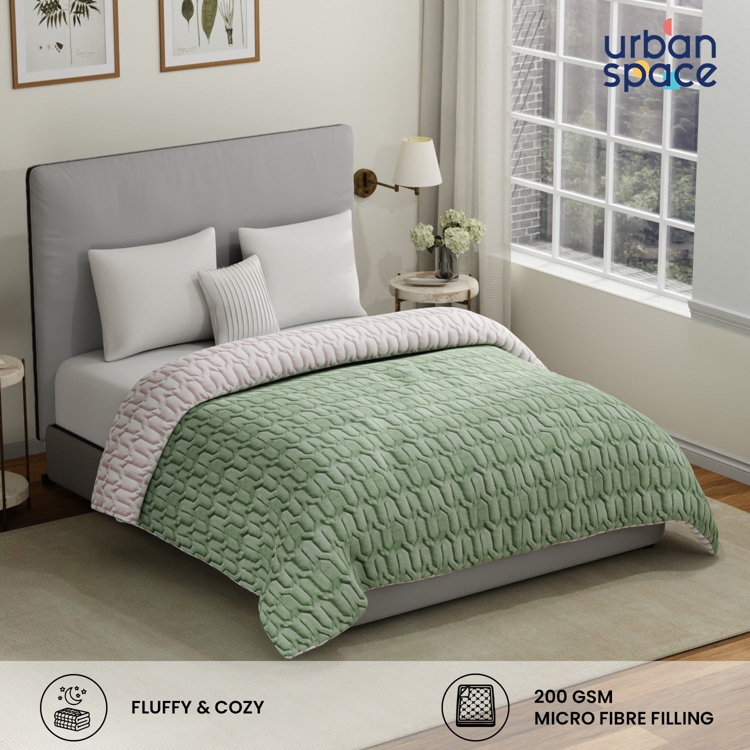 Fluffy & Heavy 200 GSM Microfiber Reversible Quilted Winter Comforters - Sage Green & Blush
