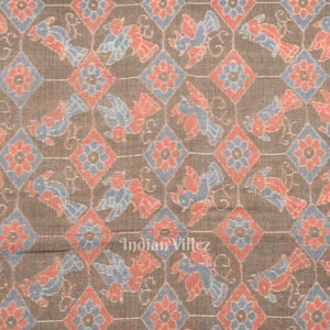 Gray Floral Bird Theme Sambalpuri Odisha Ikat Cotton Fabric