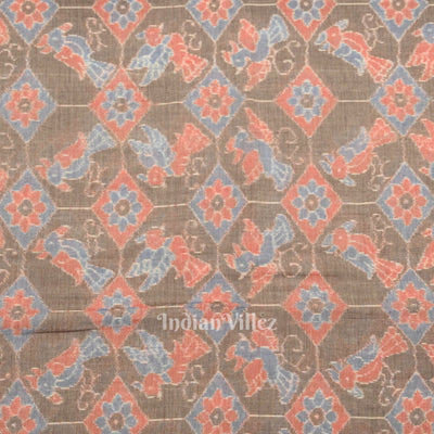 Gray Floral Bird Theme Sambalpuri Odisha Ikat Cotton Fabric