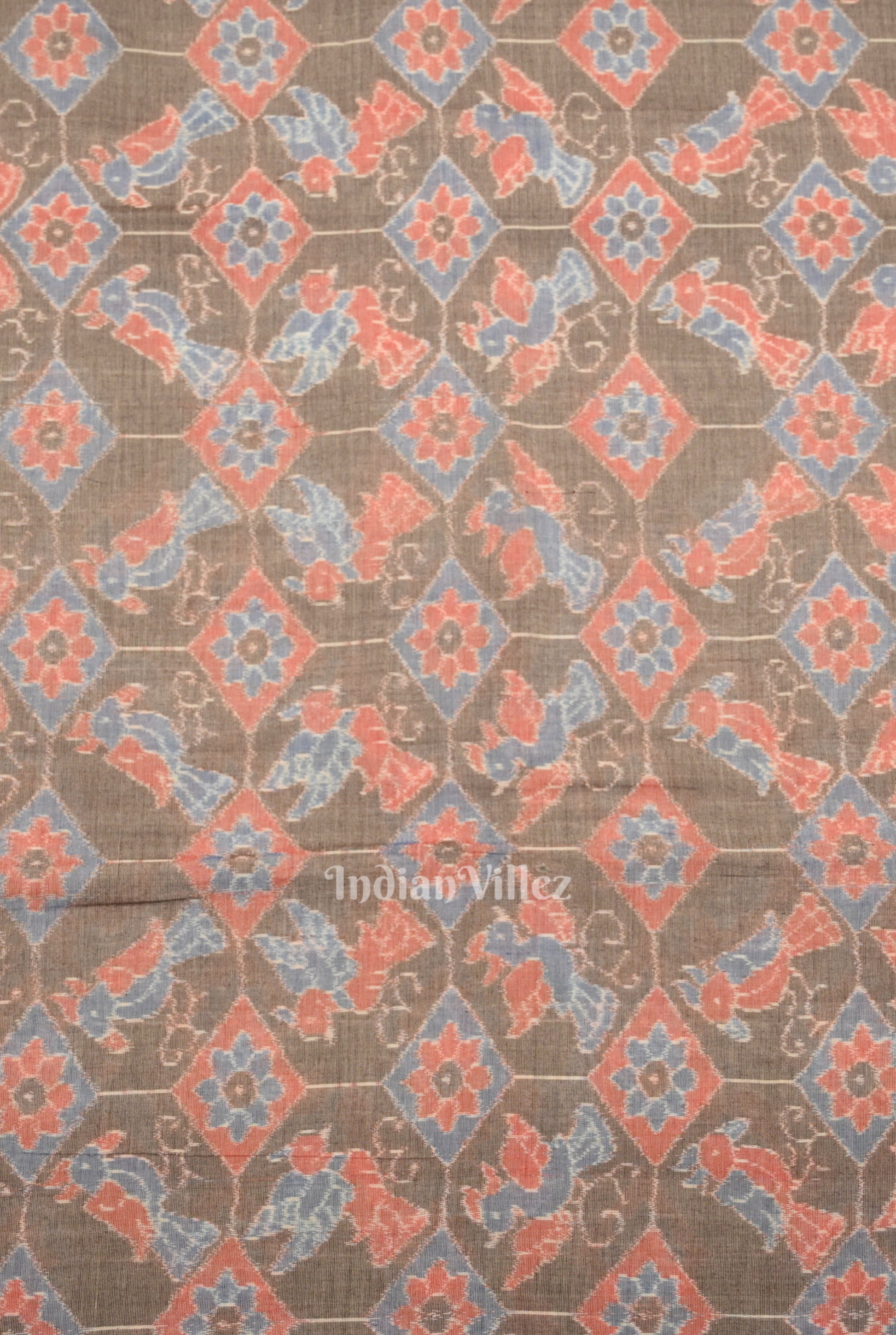 Gray Floral Bird Theme Sambalpuri Odisha Ikat Cotton Fabric
