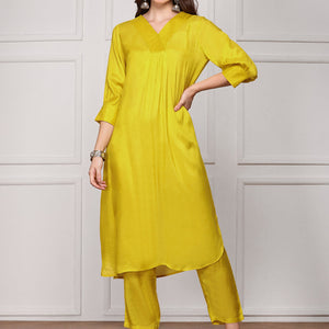 Yellow V-Neck Kurta With Trouser