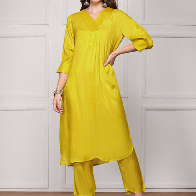 Yellow V-Neck Kurta With Trouser