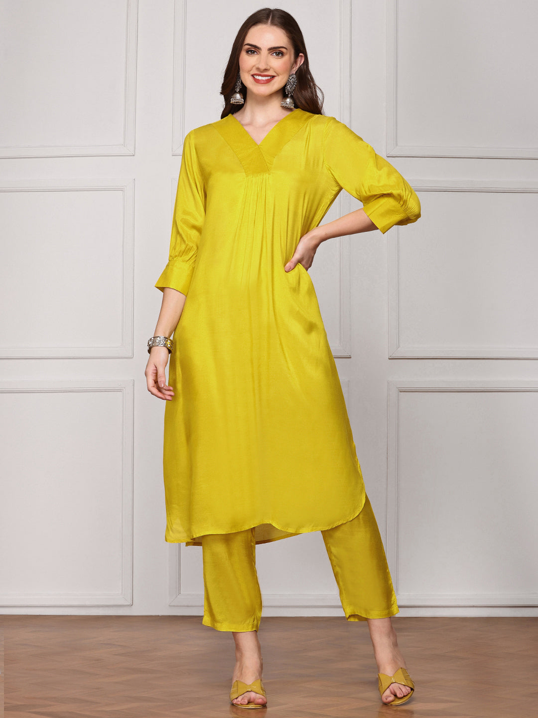 Yellow V-Neck Kurta With Trouser