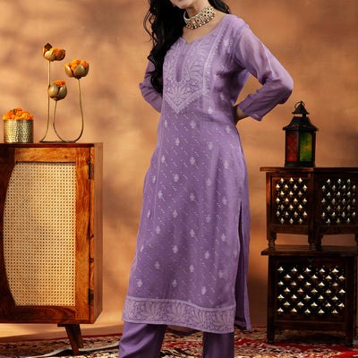 Lavender Embroidered Organza Straight Suit With Dupatta