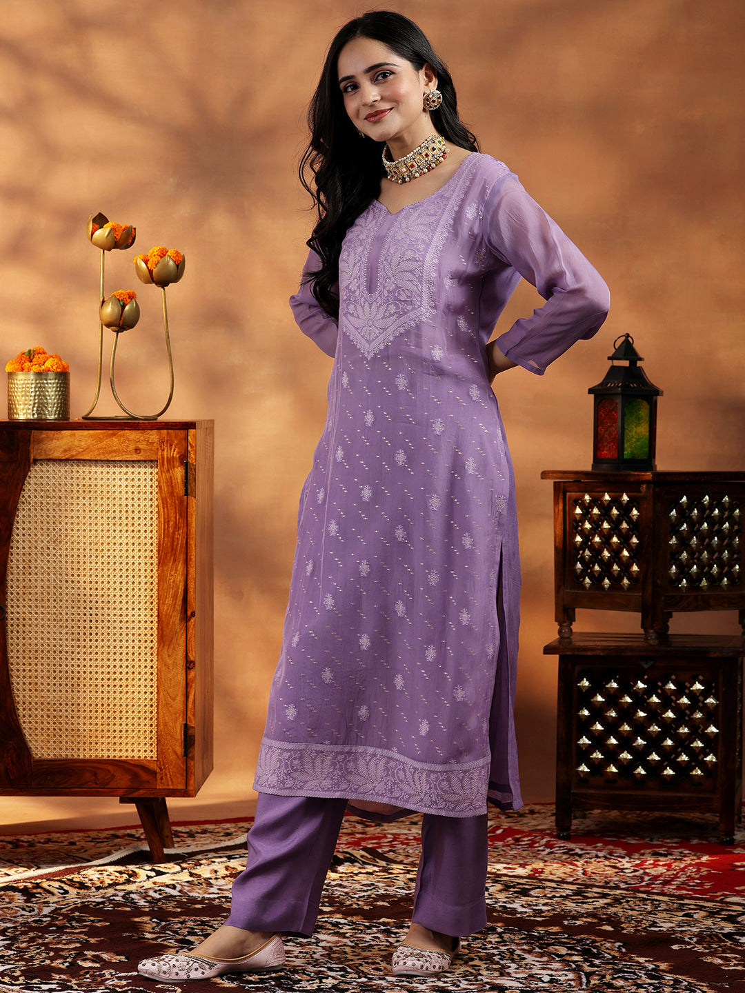 Lavender Embroidered Organza Straight Suit With Dupatta