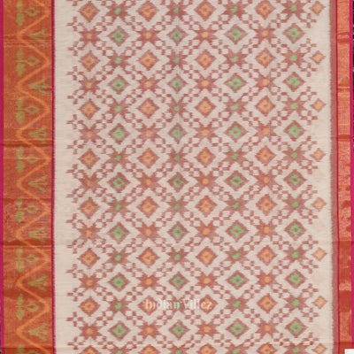 White pink Pochampally Ikat Sico (Silk & Cotton) Saree with Zari Border