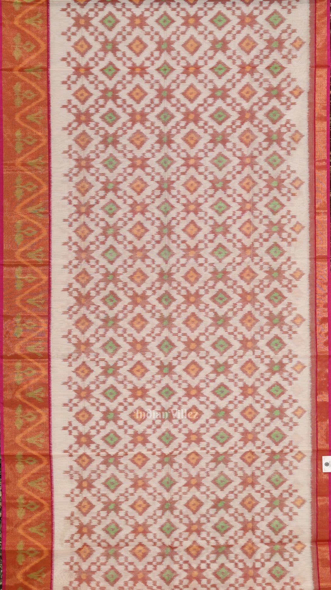 White pink Pochampally Ikat Sico (Silk & Cotton) Saree with Zari Border