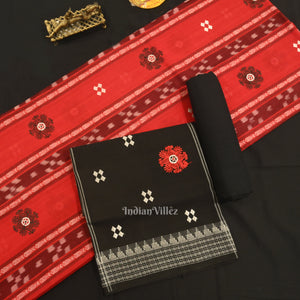 Red with Black Floral Buti Odisha Ikat  Sambalpuri Dress Material & Dupatta