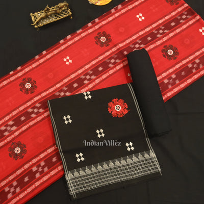Red with Black Floral Buti Odisha Ikat  Sambalpuri Dress Material & Dupatta