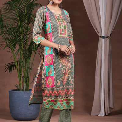 Grey Printed Poly Crepe Straight Suit With Dupatta