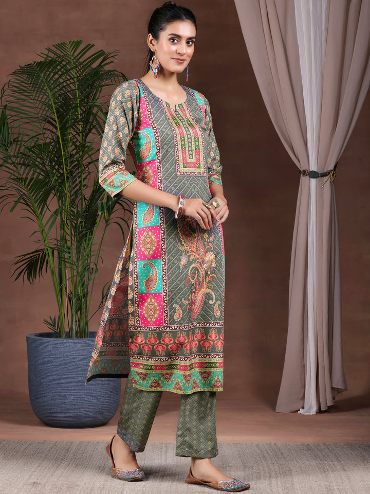 Grey Printed Poly Crepe Straight Suit With Dupatta