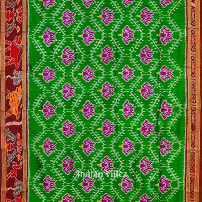 Green Lotus Design with Animal Border Khandua Silk Saree
