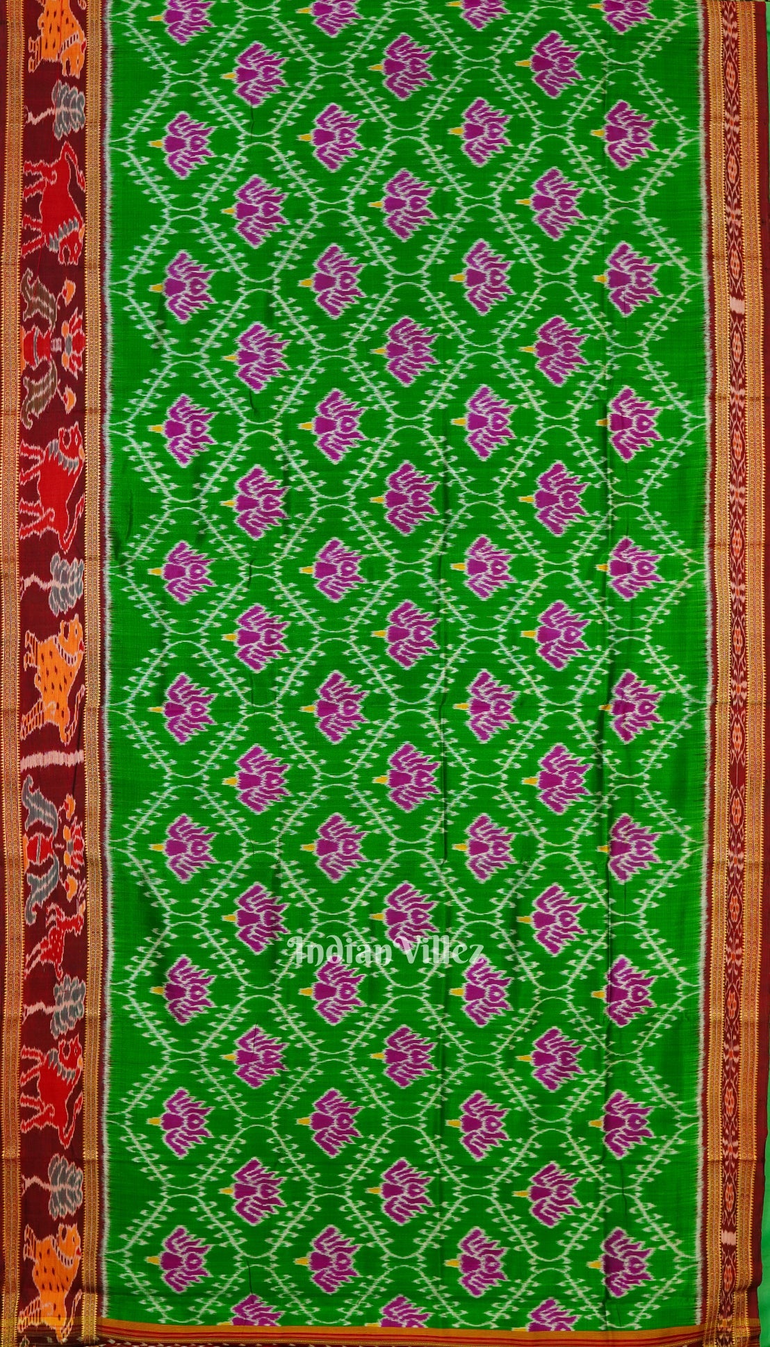 Green Lotus Design with Animal Border Khandua Silk Saree