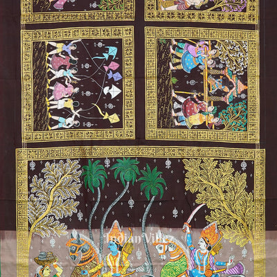 Coffee & Maroon Hindu Festival Hand-Painted Pattachitra Saree