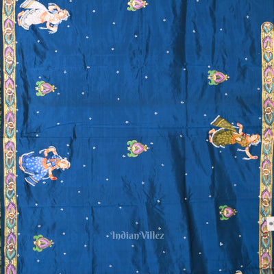 Blue Red Radha Krishna Peacock Design Hand-Painted Pattachitra Saree