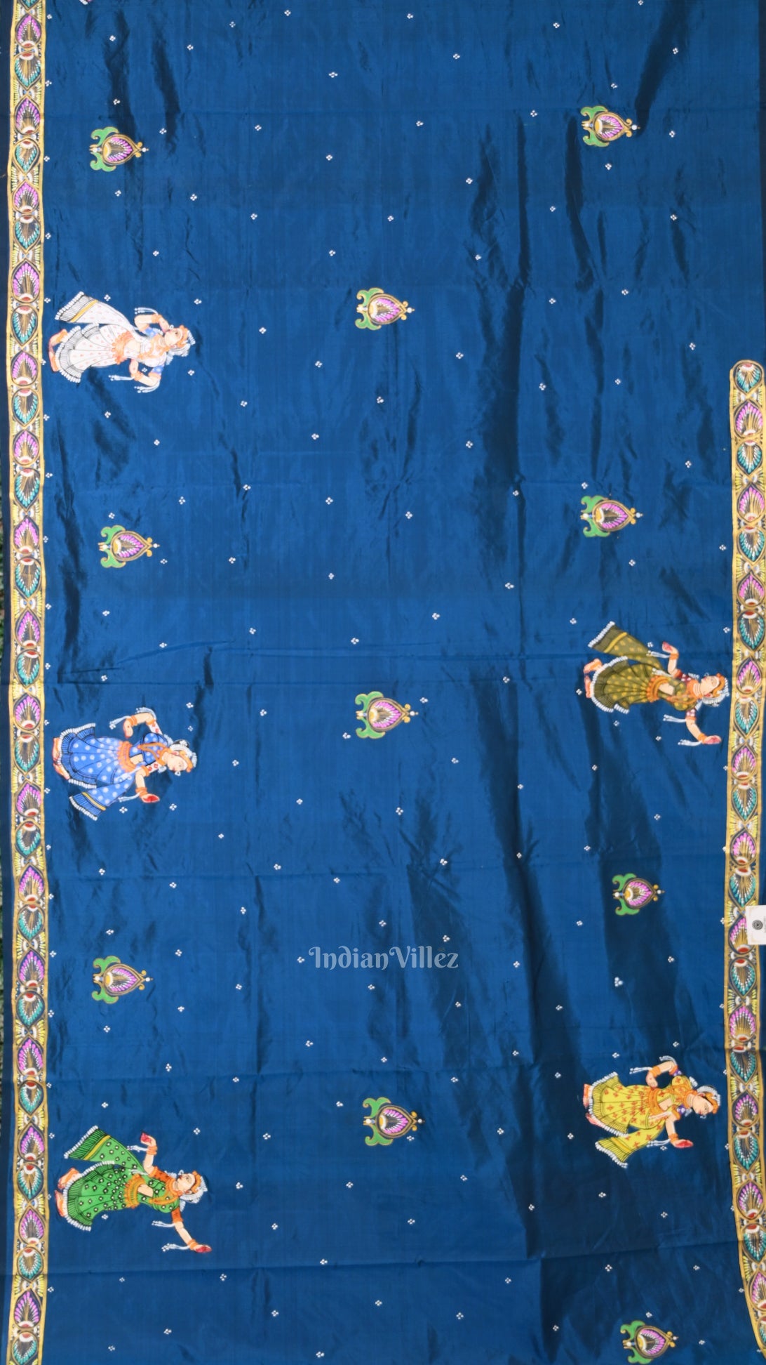 Blue Red Radha Krishna Peacock Design Hand-Painted Pattachitra Saree