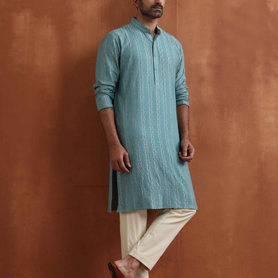 trueBrowns Men's Green Textured Cotton Dobby Kurta