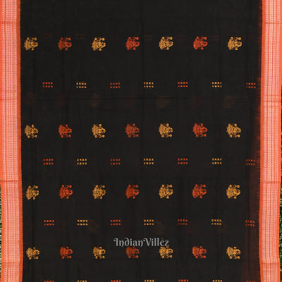 Black  Orange Odisha Handloom Doll Theme Bomkai Cotton Saree