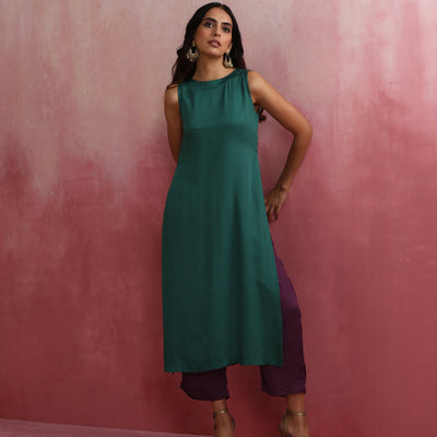 trueBrowns Green Modal High slit Kurta Set