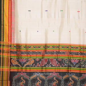White Green Kathiphera Khandua Silk Saree with Odissi Dancer Pallu