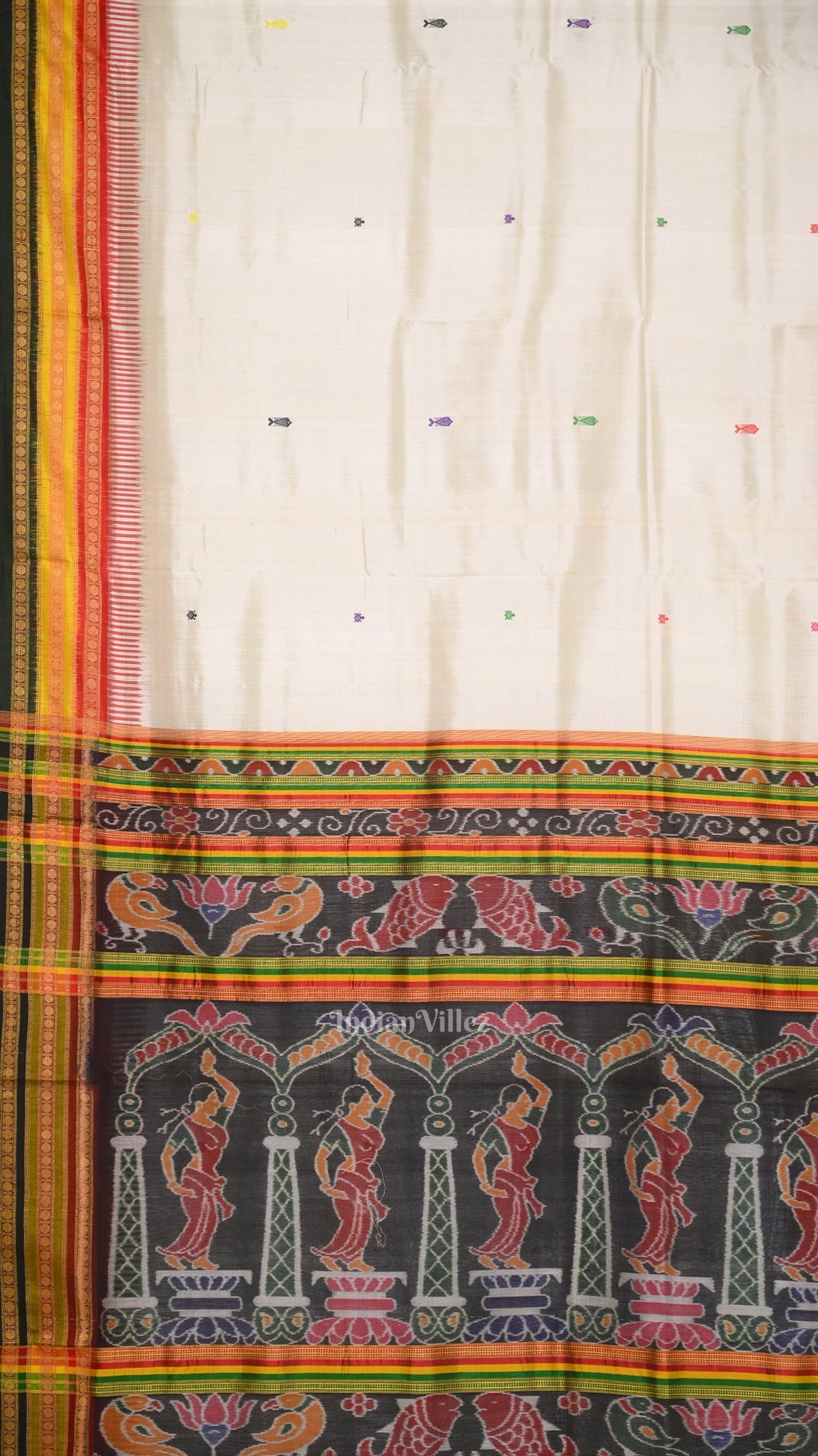 White Green Kathiphera Khandua Silk Saree with Odissi Dancer Pallu