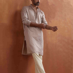 trueBrowns Men's Beige Sequin Chanderi Kurta