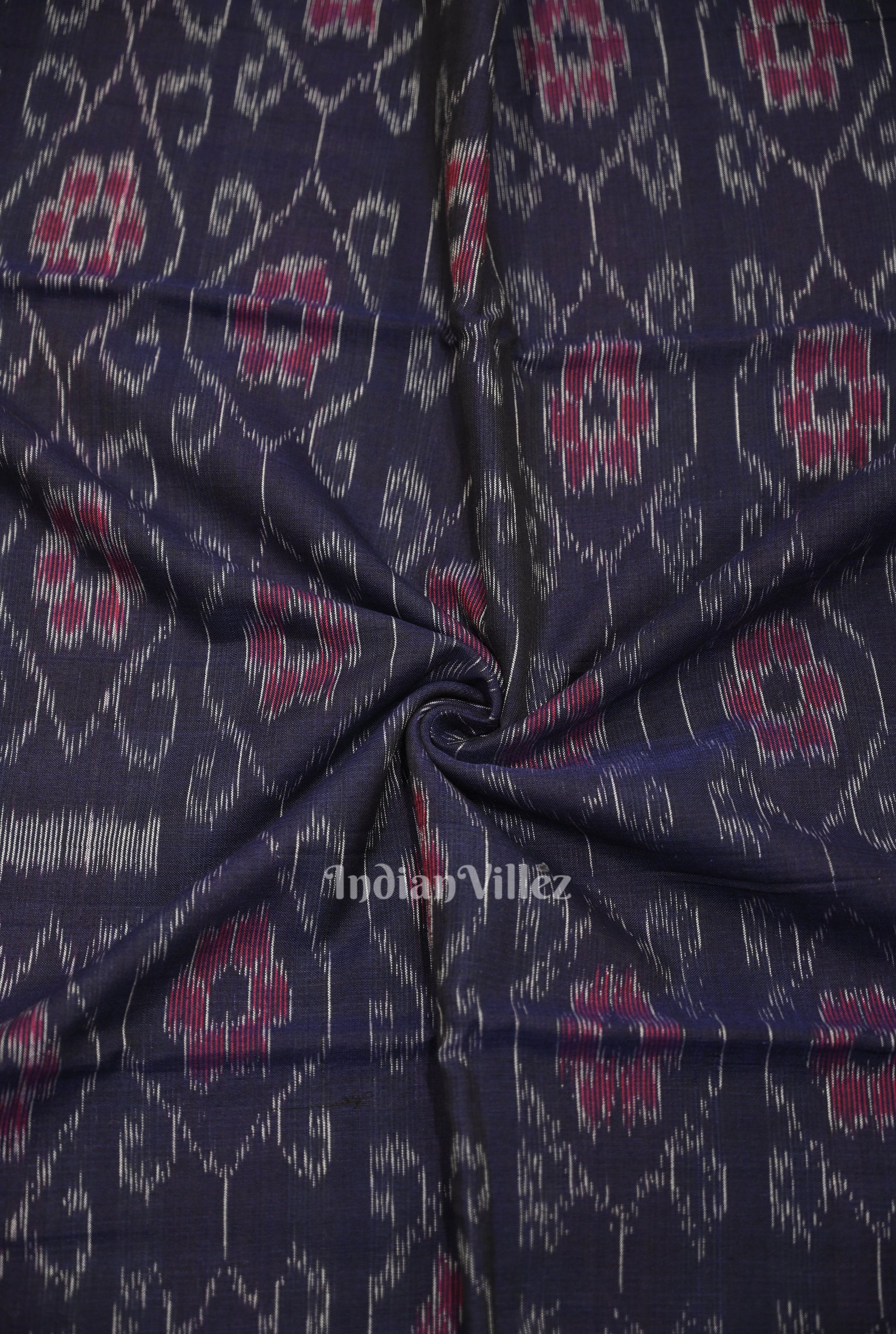 Navy Blue Floral Theme Sambalpuri Ikat Cotton Fabric