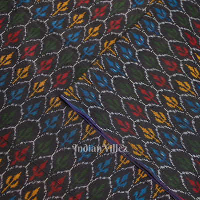 Black Tribal Motif Pochampally Ikat Silk & Cotton (Sico) Fabric