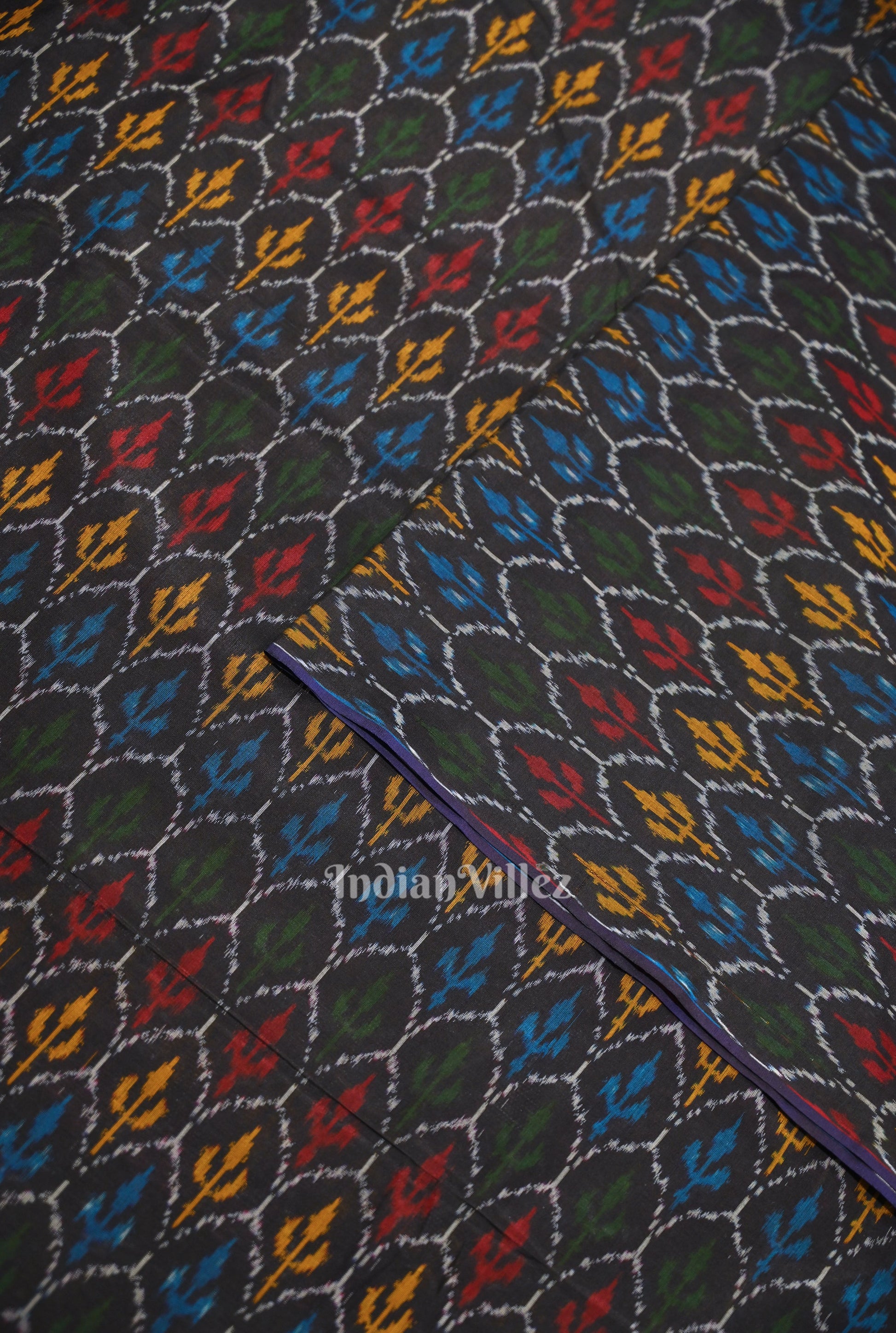 Black Tribal Motif Pochampally Ikat Silk & Cotton (Sico) Fabric