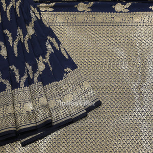 Indigo Blue Soft Pure Mashru Satin Silk Banarasi Saree