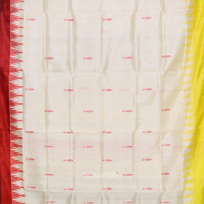 White Fish Motif With  Animal Theme Double Pallu Berhampuri Silk Saree